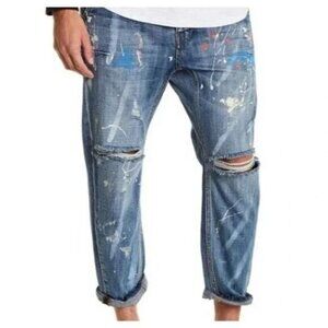 Man X One Teaspoon Men Blue Suede Mr Browns Paint Splattered Distressed Jeans 36